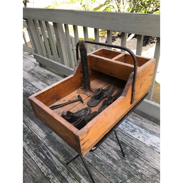 Antique Cobbler's Tool Box Carry All With Cast Iron Shoe Forms, Hammer