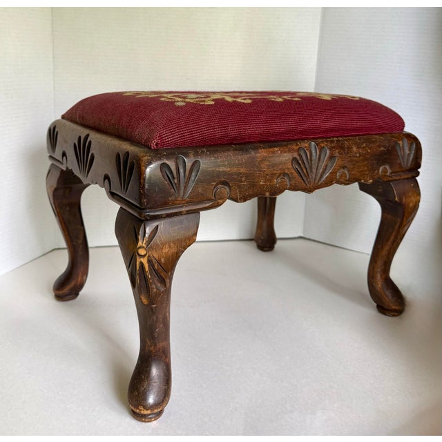 Wood Antique English Needlepoint Footstool With Carved Queen Anne Style Legs For Sale - Image 7 of 11