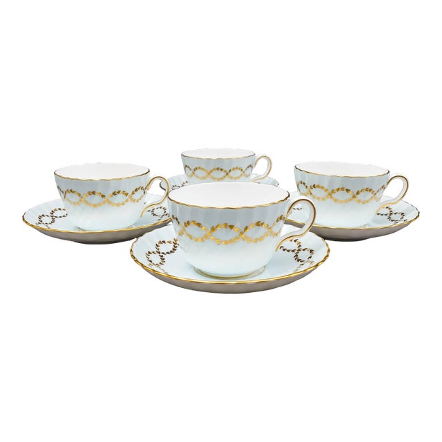 Late 20th Century Minton England S600 Gold Laurel Leaves Light Blue Tea Cup & Saucer Set- 8 Pieces For Sale