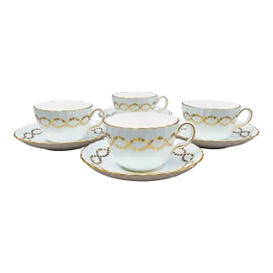 Late 20th Century Minton England S600 Gold Laurel Leaves Light Blue Tea Cup & Saucer Set- 8 Pieces