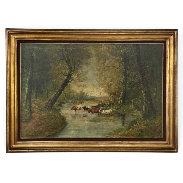 Wood Framed Oil Painting on Canvas by J. Vanlint 'Landscape With Cows' For Sale - Image 7 of 17