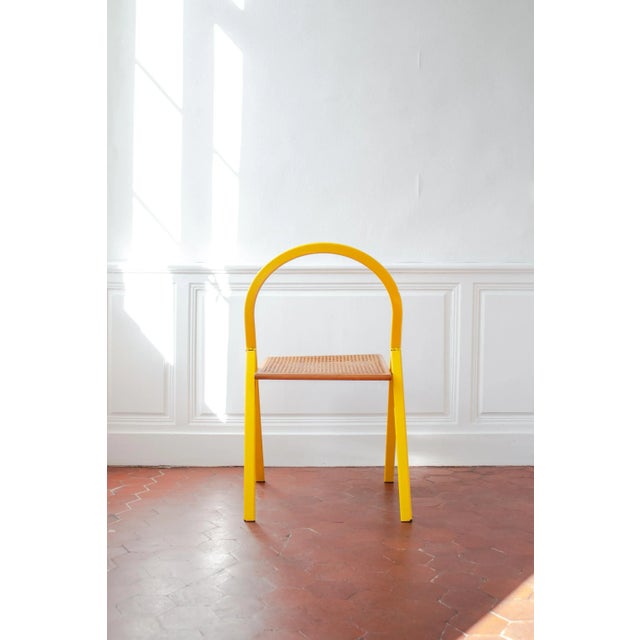 Vintage Folding Chairs in Yellow Lacquered Metal and Caning by Giorgio Cattelan for Cidue, 1970s, Set of 2 For Sale - Image 13 of 18