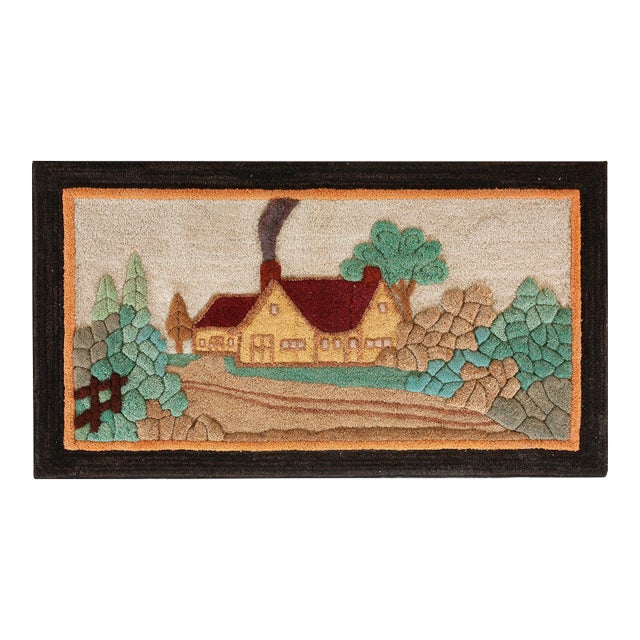 1920s Colorful Scene Cabin Folk Art Antique American Hooked Rug 2'6" X 4'6" Handknotted Wool Carpet For Sale