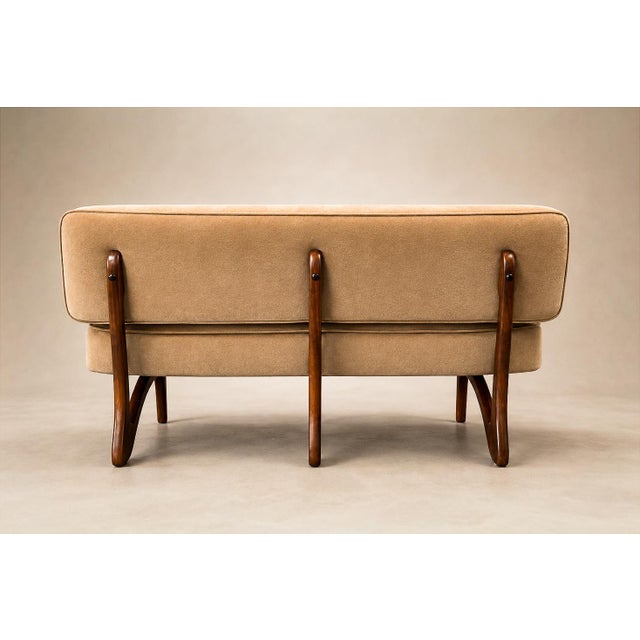 Brazilian Modern Sofa in Imbuia Wood and Champagne Camel Mohair, Cimo, Brazil, 1950s For Sale - Image 10 of 18