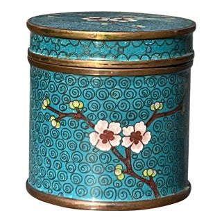 Chinoiserie Turquoise Cloissone Box With Cherry Blossoms For Sale