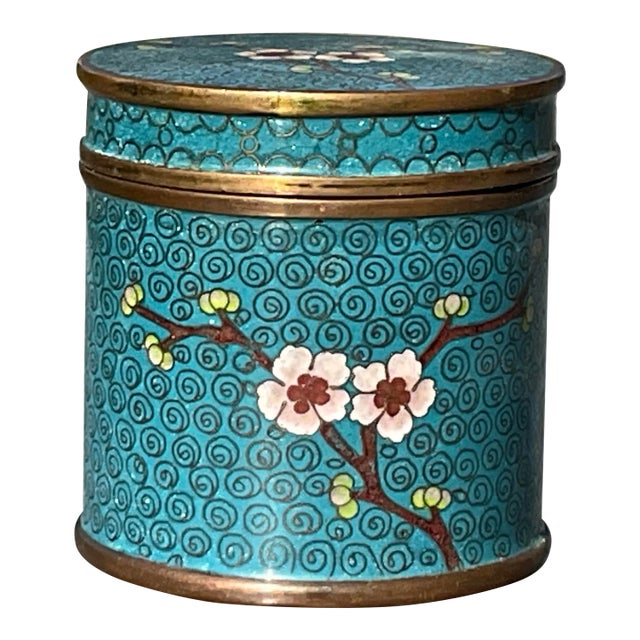 Chinoiserie Turquoise Cloissone Box With Cherry Blossoms For Sale