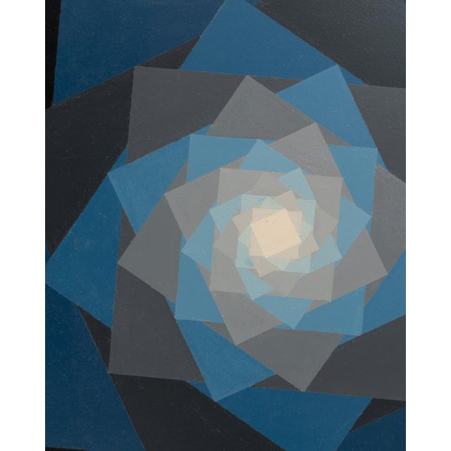 This 20th century Belgian painting by Rene Berdal features a striking geometric composition in black, azure blue, and soft...