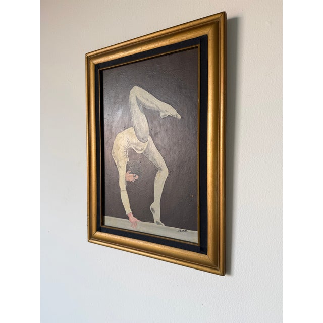 1970s 1970s Vintage J. Banas Figurative Acrobat Dancer Oil on Artist Board Painting, Framed For Sale - Image 5 of 13