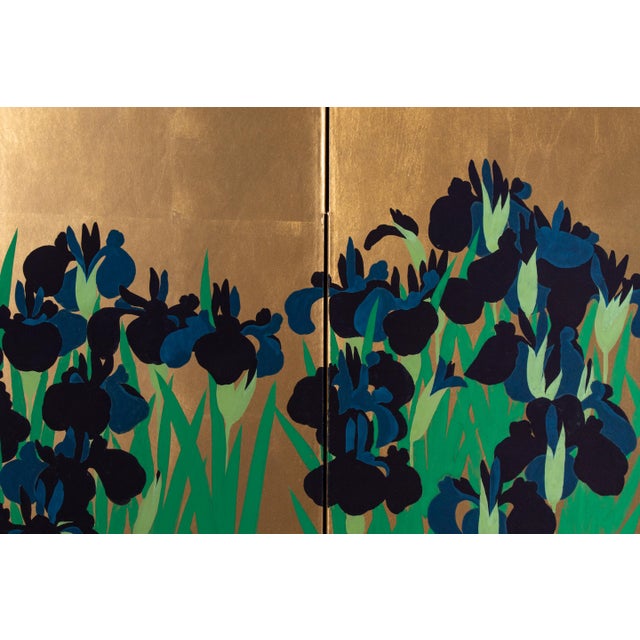 Contemporary Japanese Gold Leaf Iris Four-Panel Folding Screen After Ogata Kōrin For Sale - Image 3 of 11