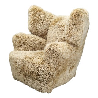 Art Deco Wingback Armchair in Honey Skandilock Sheepskin, 1930s For Sale