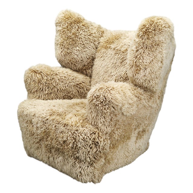 Art Deco Wingback Armchair in Honey Skandilock Sheepskin, 1930s For Sale