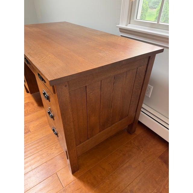 Brown Craftsman Stickley Junior Executive Oak Desk and Cottage Chair With Leather Seat For Sale - Image 8 of 17