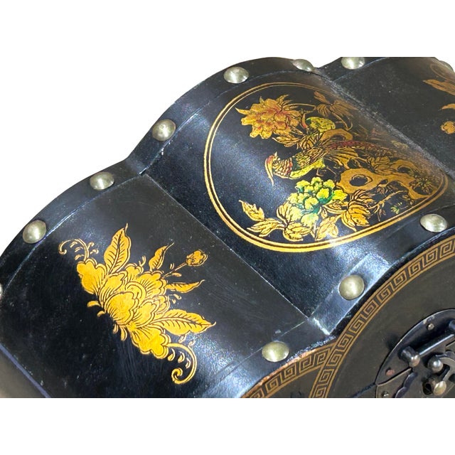 Wood Oriental Black Flower Bird Graphic Circles Shape Container Box For Sale - Image 7 of 9