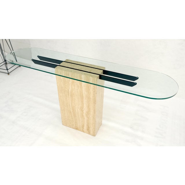 Italian c1970s Mid Century Modern Glass Top Single Travertine Base Console Table For Sale - Image 13 of 14