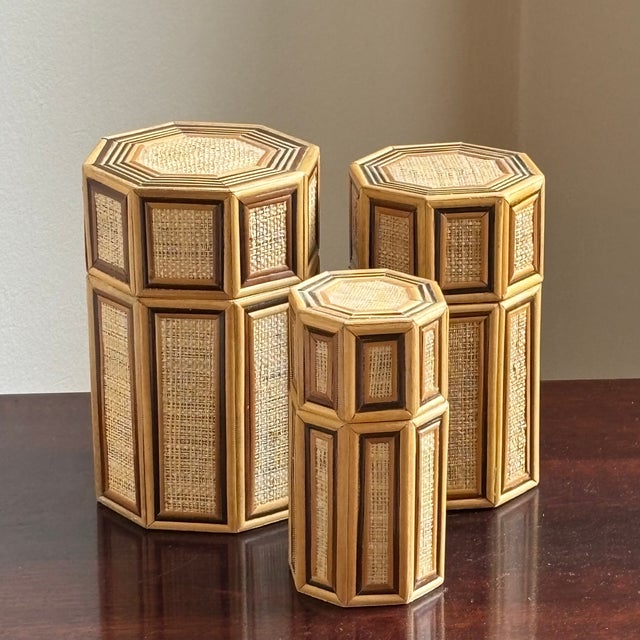 1960s Bamboo & Rattan Octagonal Nesting Boxes — Set of 3 For Sale - Image 14 of 17