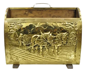 Early 20th Century English Colonial Embossed Brass Farmer Horse-Drawn Plow Magazine Rack Holder