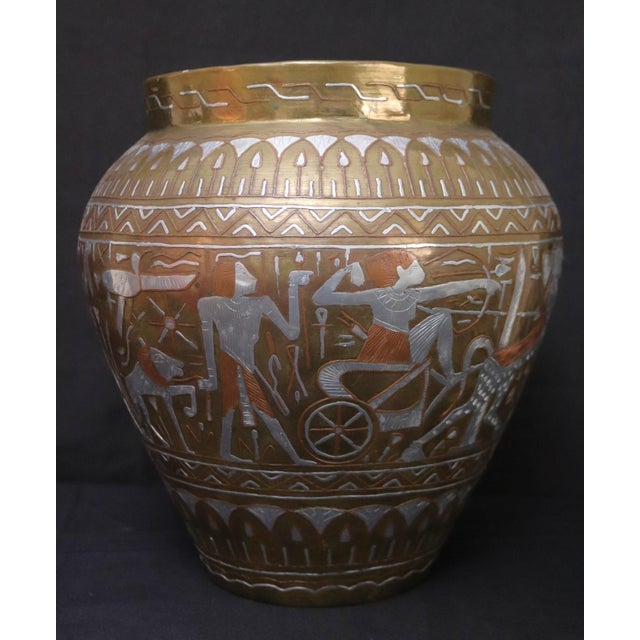 Metal Large Vintage Egyptian Cairo Ware Brass Vase With Copper & Silver-Tone Inlay, Mid-Century, 11.75" H For Sale - Image 7 of 11