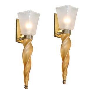 Mid-Century Hand-Blown Murano Frosted Glass Sconces With Spiral Amber Drop For Sale