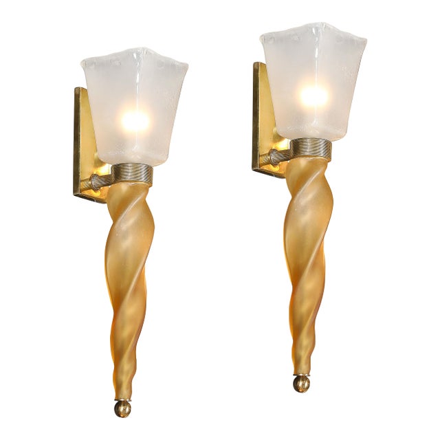 Mid-Century Hand-Blown Murano Frosted Glass Sconces With Spiral Amber Drop For Sale
