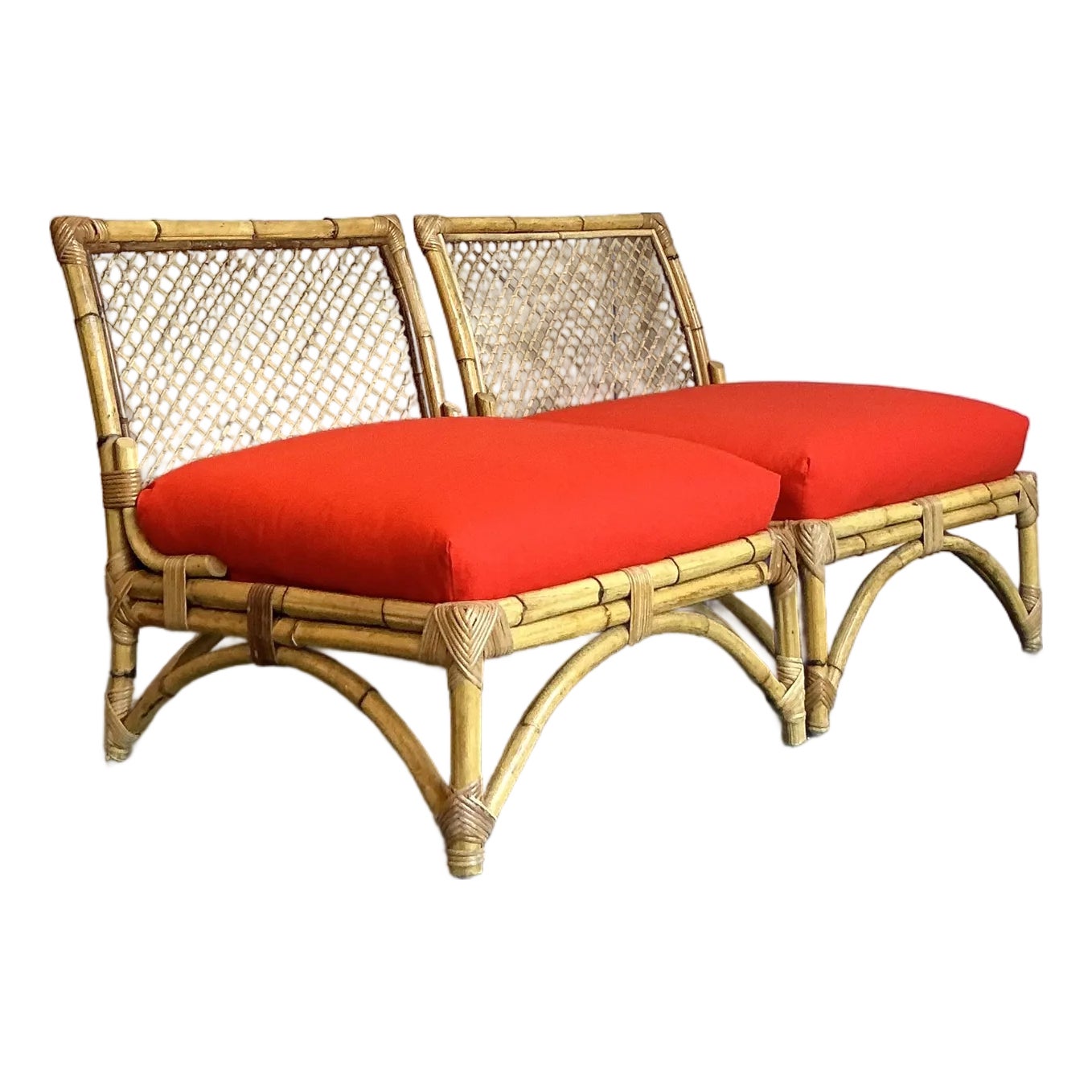 Vintage Coastal Trellis Rattan Slipper Chairs - A Pair | Chairish