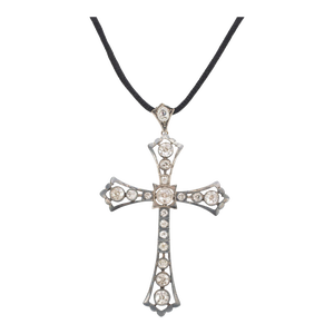 Ladies Victorian Antique Sterling Silver Old Cuts Diamond Cross Pendant Necklace