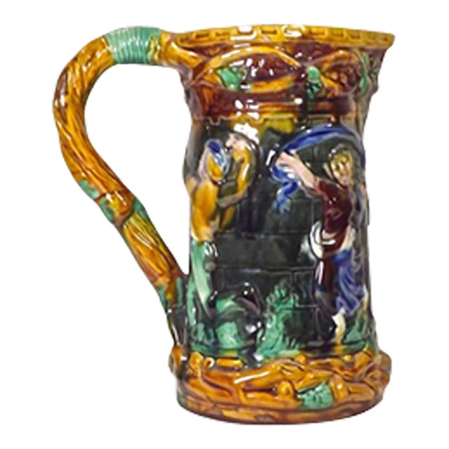 Vintage Festival Scene Majolica Pitcher For Sale