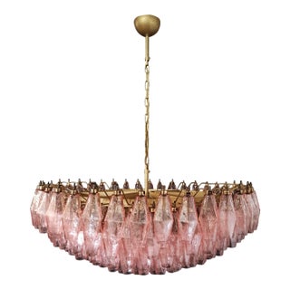 Elegant Italian Murano Chandelier, Pink "Poliedri" Glasses, Gold & Brass Frame For Sale