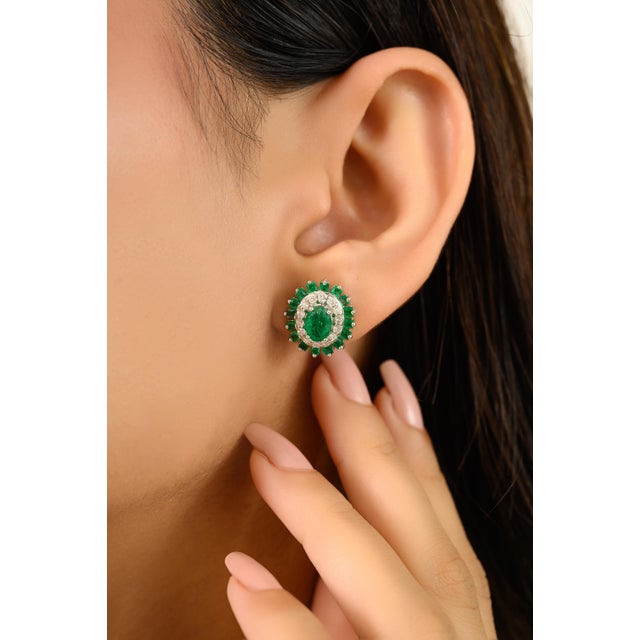 Green Art Deco Emerald Floral Stud Earrings With Real Diamonds- A Pair For Sale - Image 8 of 11
