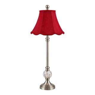 Late 20th Century Hollywood Regency Tall Brushed Stainless Steel Table Lamp With Veined Orb and Burgundy Scalloped Bell Shade For Sale