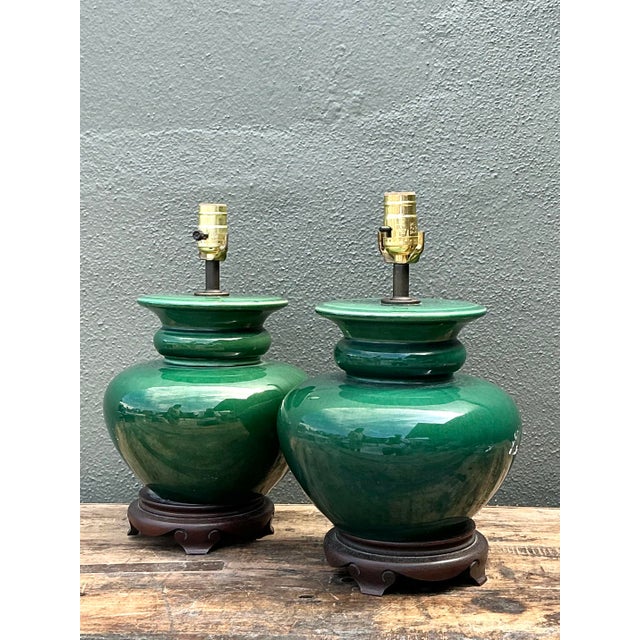 Mid-Century Modern Vintage Glazed Ceramic Lamps - A Pair For Sale - Image 3 of 12