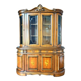 Vintage Italian Provincial Baroque Style Floral Marquetry Curved Glass China Cabinet For Sale