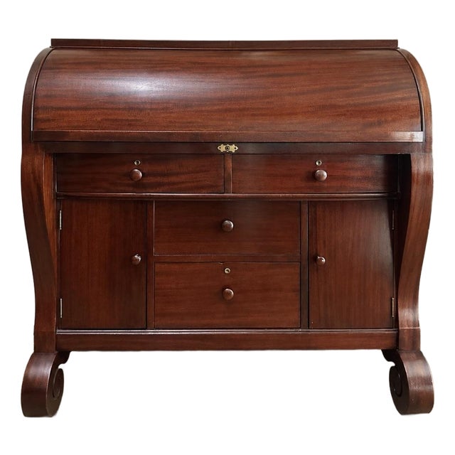 Antique 19th Century Empire Mahogany Butler's Desk With Cylinder Front and Scroll Feet For Sale