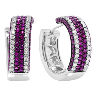 18K White Gold 1 7/8 Cttw Diamond and 1mm Round Red Ruby Open Swish Hoop Earrings (F-G Color, VS1-VS2 Clarity) For Sale