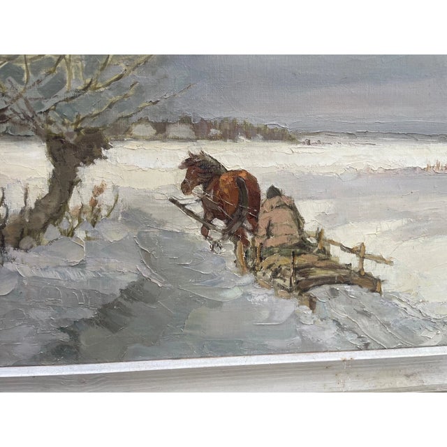 Realism Large Vintage Feliks Dolgan Polish Winter Horse Sled Snow Landscape Oil Painting For Sale - Image 3 of 13
