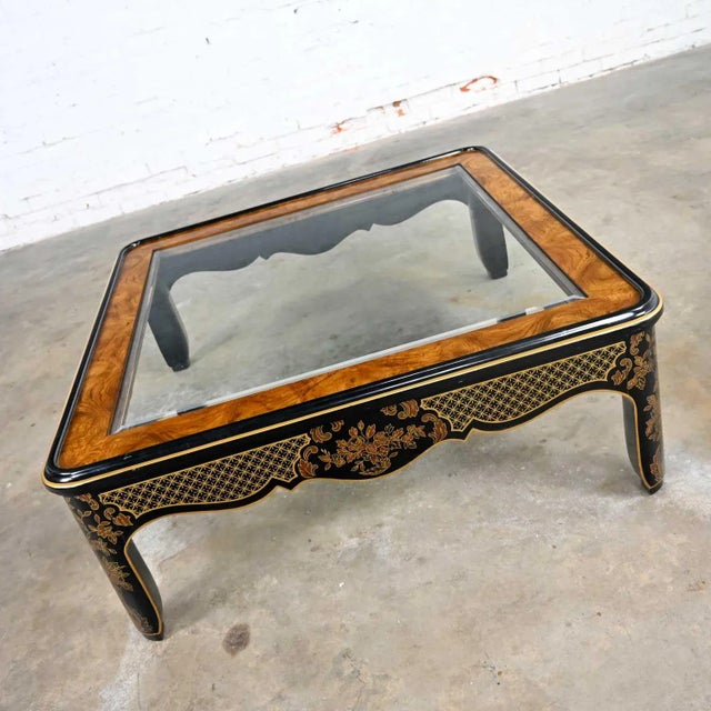 1980's Drexel Heritage Coffee Table Et Cetera Collection Chinoiserie Black & Gold Painted & Burl With Glass Insert For Sale - Image 10 of 14