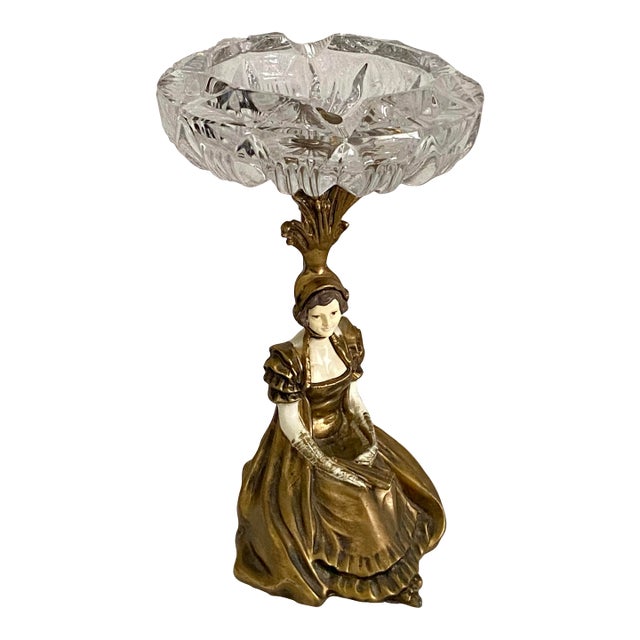 Cast Gilded Age Lady Statue Crystal Ashtray For Sale