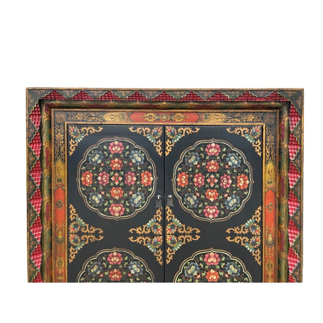 Tibetan Style Lotus Geometric Graphic Carving Edge Storage Cabinet For Sale In San Francisco - Image 6 of 12