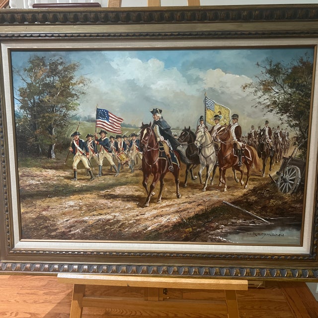The American School H.Rienmann American School Oil on Canvas Framed Signed Depicting George Washington Leading Pennsylvania State Regiment of Light Horse of 1778 For Sale - Image 3 of 12