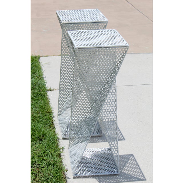 Vintage 1960s Mathieu Matégot Style Sculptural Perforated Metal Pedestals – Pair of Mid-Century Modern Plinths For Sale In Naples, FL - Image 6 of 16