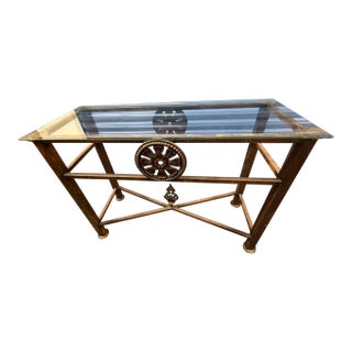 Vintage Brass & Glass Console Table – Ornate Metal Base With Floral Medallion Detail For Sale