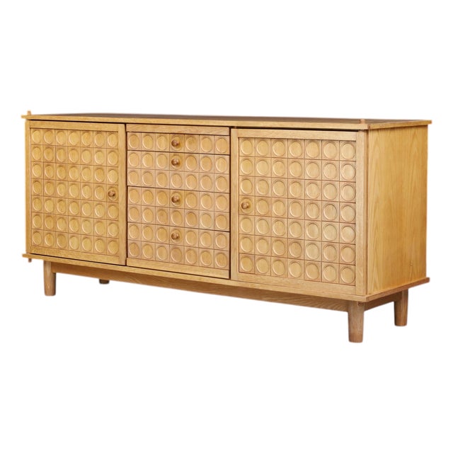 Belgian Brutalist Oak Sideboard with Sculptural Geometric Relief Doors, 1970s For Sale