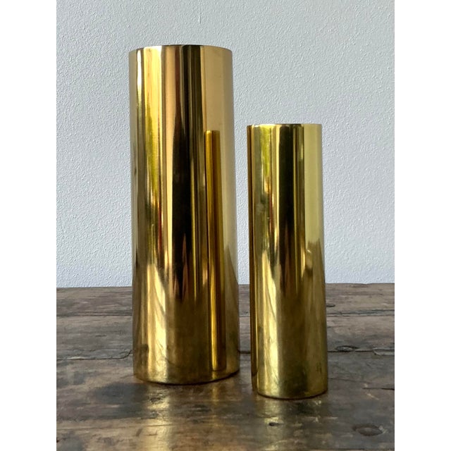 Vintage Boho Brass Cylinder Vases - Set of 2 For Sale - Image 11 of 12