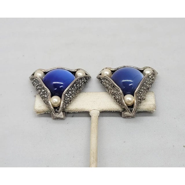 1950s Vintage 1950s Signed Napier Silvertone Blue Moonglow & Faux-Pearl Clip Earrings - 2 Pieces For Sale - Image 5 of 9