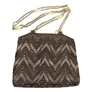 1960s Luxury Brown Woven Cotton and Brass Italian Evening Bag For Sale