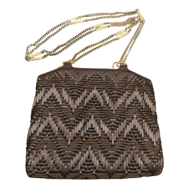 1960s Luxury Brown Woven Cotton and Brass Italian Evening Bag For Sale
