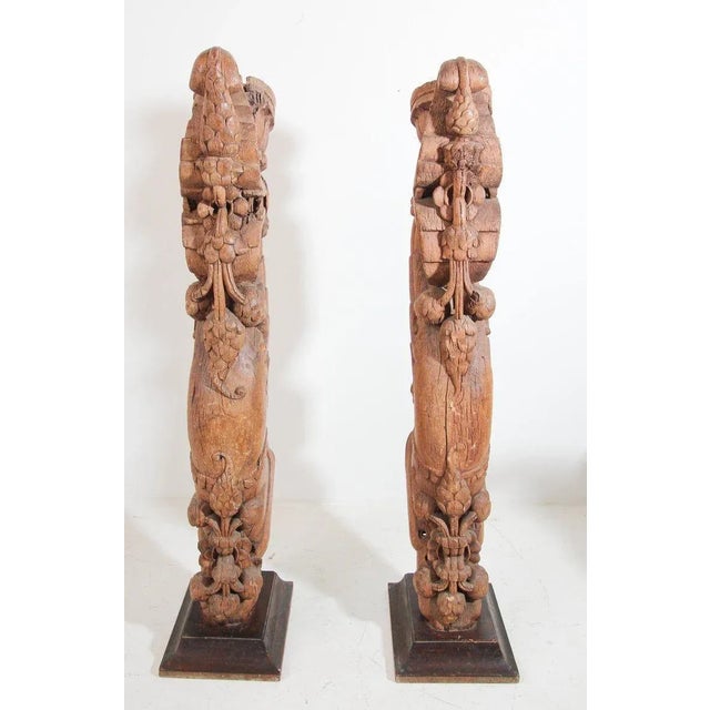 Pair of Antique Indian Carved Wood Architectural Temple Fragments on Stands For Sale - Image 11 of 15
