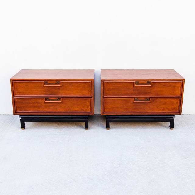 1960s Restored American of Martinsville Walnut & Brass Two Drawer Commodes / Nightstands For Sale - Image 10 of 15
