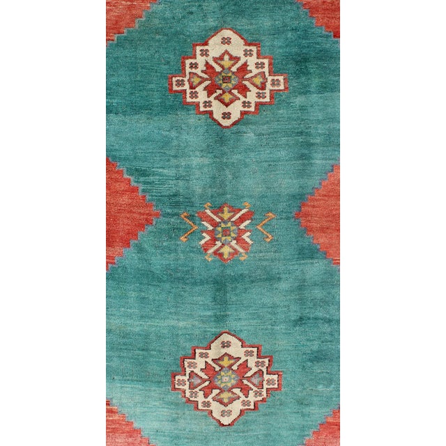 Teal-Colored Oushak Hand Knotted Vintage Turkish Rug With Three Medallions, Red Cornices For Sale - Image 4 of 10