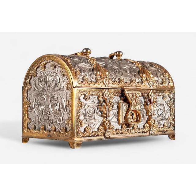 1900s Jugendstil Golden and Silver Brass Jewelry Casket With Blue Velvet-Lined Interior by Erhard & Söhne, Germany For Sale - Image 4 of 12