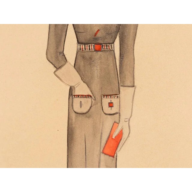 Art Deco Fashion Drawings I, Gouache on Paper, Framed For Sale - Image 8 of 13